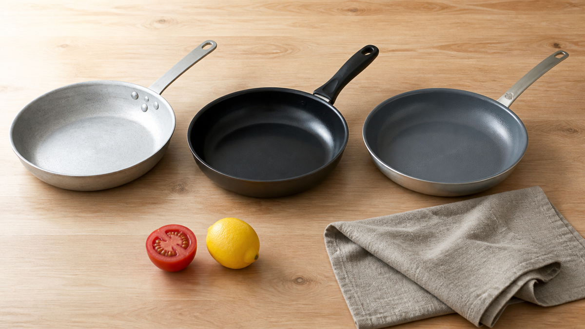 Drei Pfannenbauweisen im Vergleich: blankes Aluminium, beschichteter Aluguss und eine 3-Ply-Pfanne mit Keramikbeschichtung