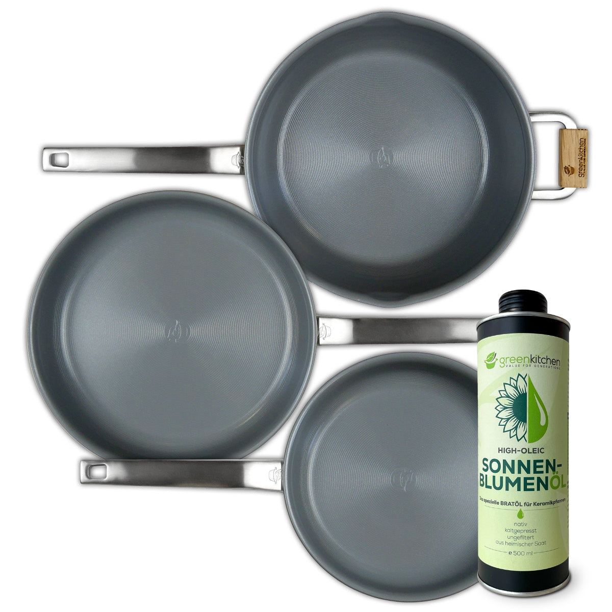 GreenKitchen Set "3 Pfannen (ZEN-Pan) + Sonnenblumenöl"