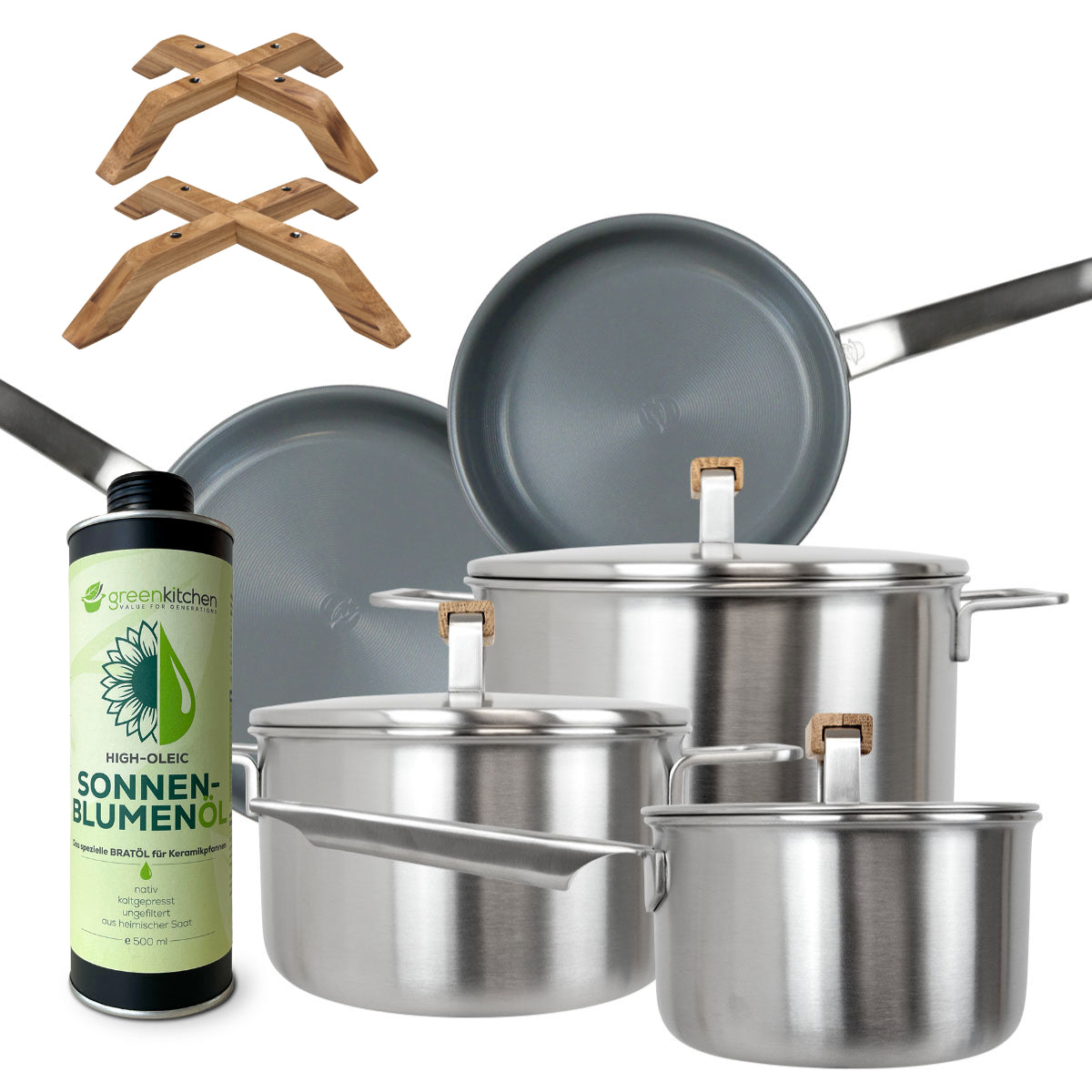 GreenKitchen Set "Topfset mit 2 Pfannen + Hotdock + Sonnenblumenöl"