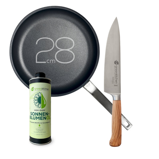 GreenKitchen Set "TiKenko-Pan 28cm mit Oriki Messer Chef und Sonnenblumenöl"