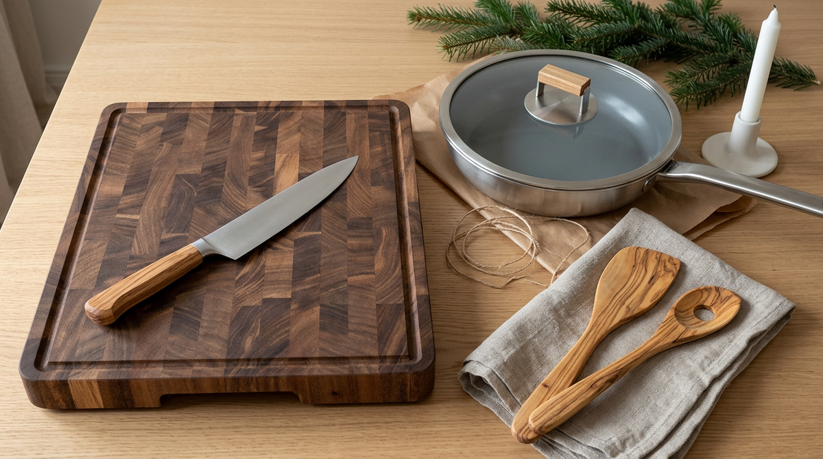 Geschenke für Hobbyköche: Kochmesser, Schneidebrett, Geschirrtuch, Holzlöffel und Pfanne auf einem Holztisch