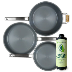 GreenKitchen Set "3 Pfannen (ZEN-Pan) + Sonnenblumenöl"