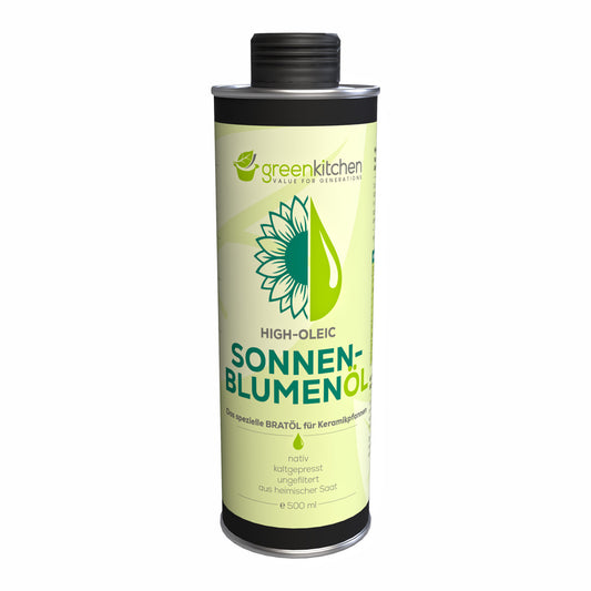 GreenKitchen Sonnenblumenöl 500ml - Das spezielle High-oleic BRATÖL für Keramikpfannen