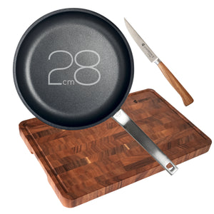 GreenKitchen Set "TiKenko-Pan 28cm mit Oriki Messer Allround und Daizen Schneidebrett"