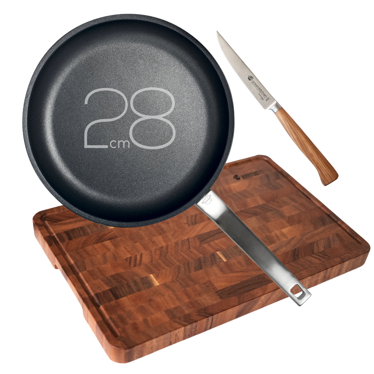 GreenKitchen Set "TiKenko-Pan 28cm mit Oriki Messer Allround und Daizen Schneidebrett"