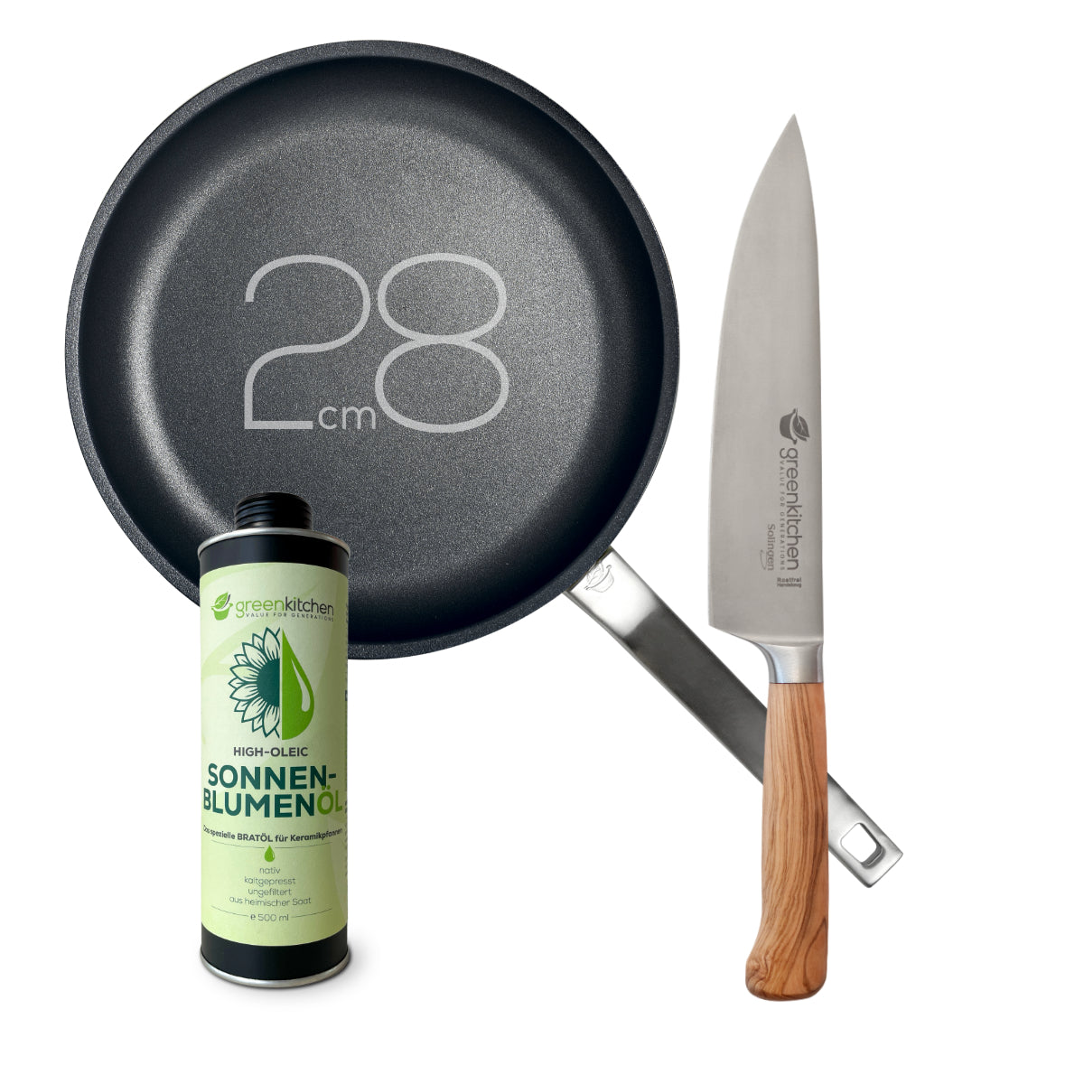 GreenKitchen Set "TiKenko-Pan 28cm mit Oriki Messer Chef und Sonnenblumenöl"